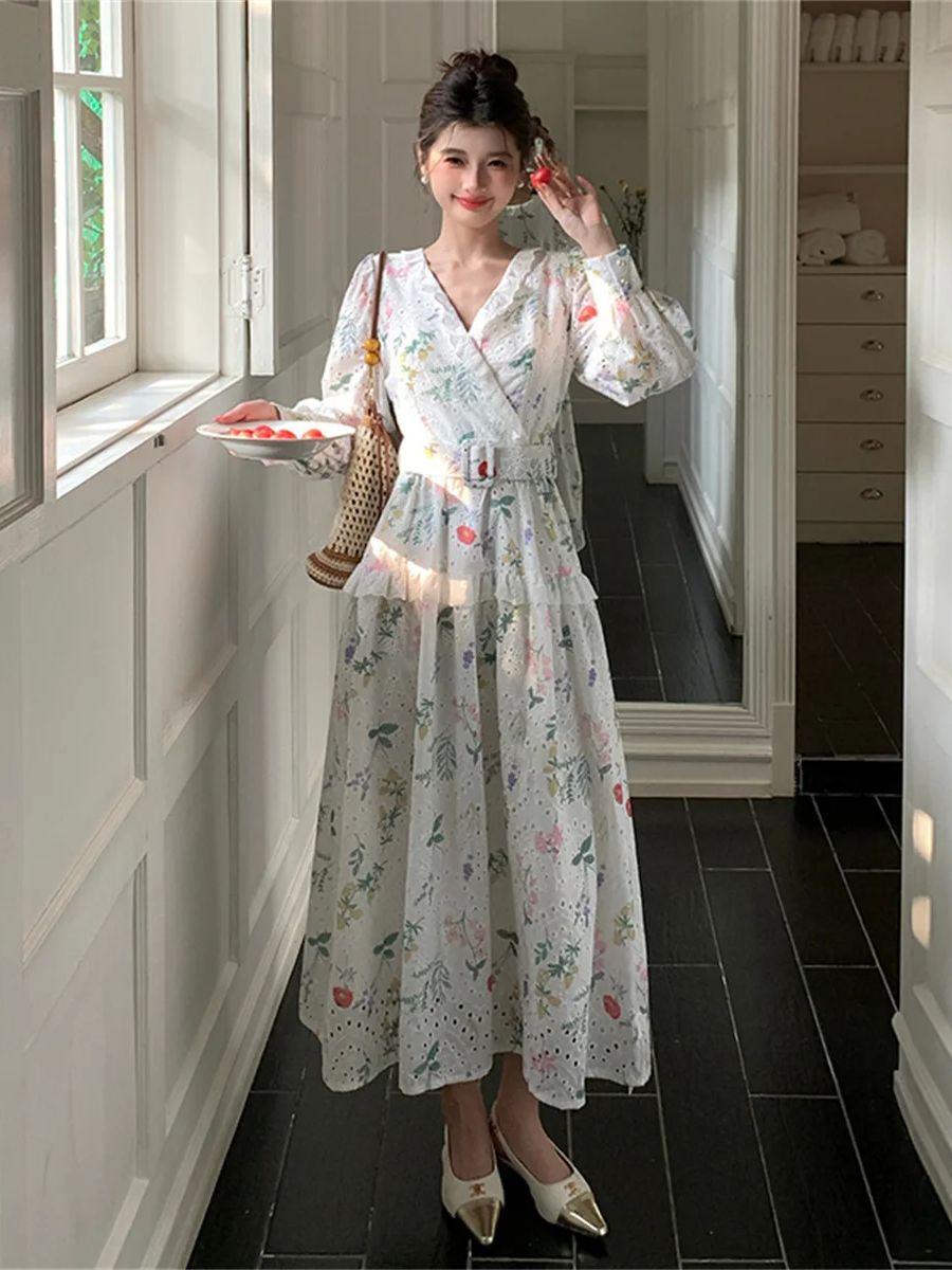 French Vintage Floral Midi Dress - Vestido midi con estampado floral y