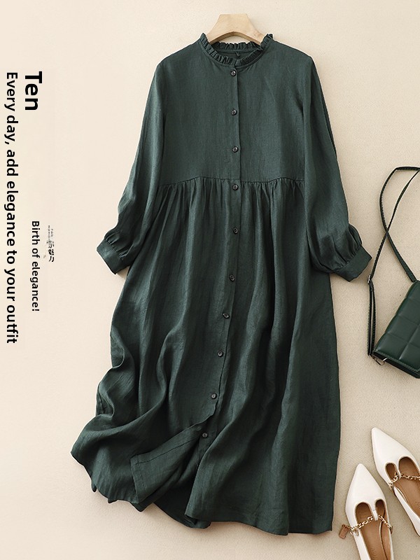 Casual Loose Linen Shirt Dress - Vestido Casual Holgado de Algodón y