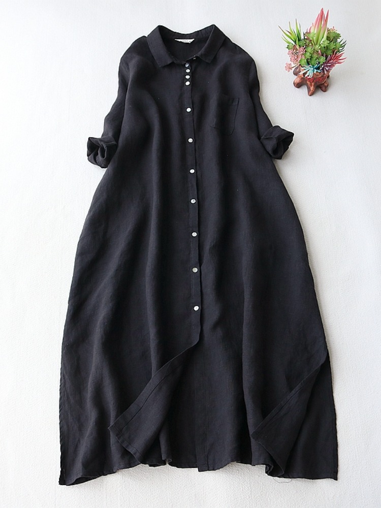 Casual Loose Linen Shirt Dress - Vestido de lino artístico para mujer,