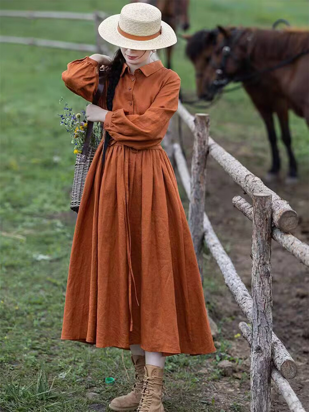 Casual Loose Linen Shirt Dress - Vestido largo de lino color naranja