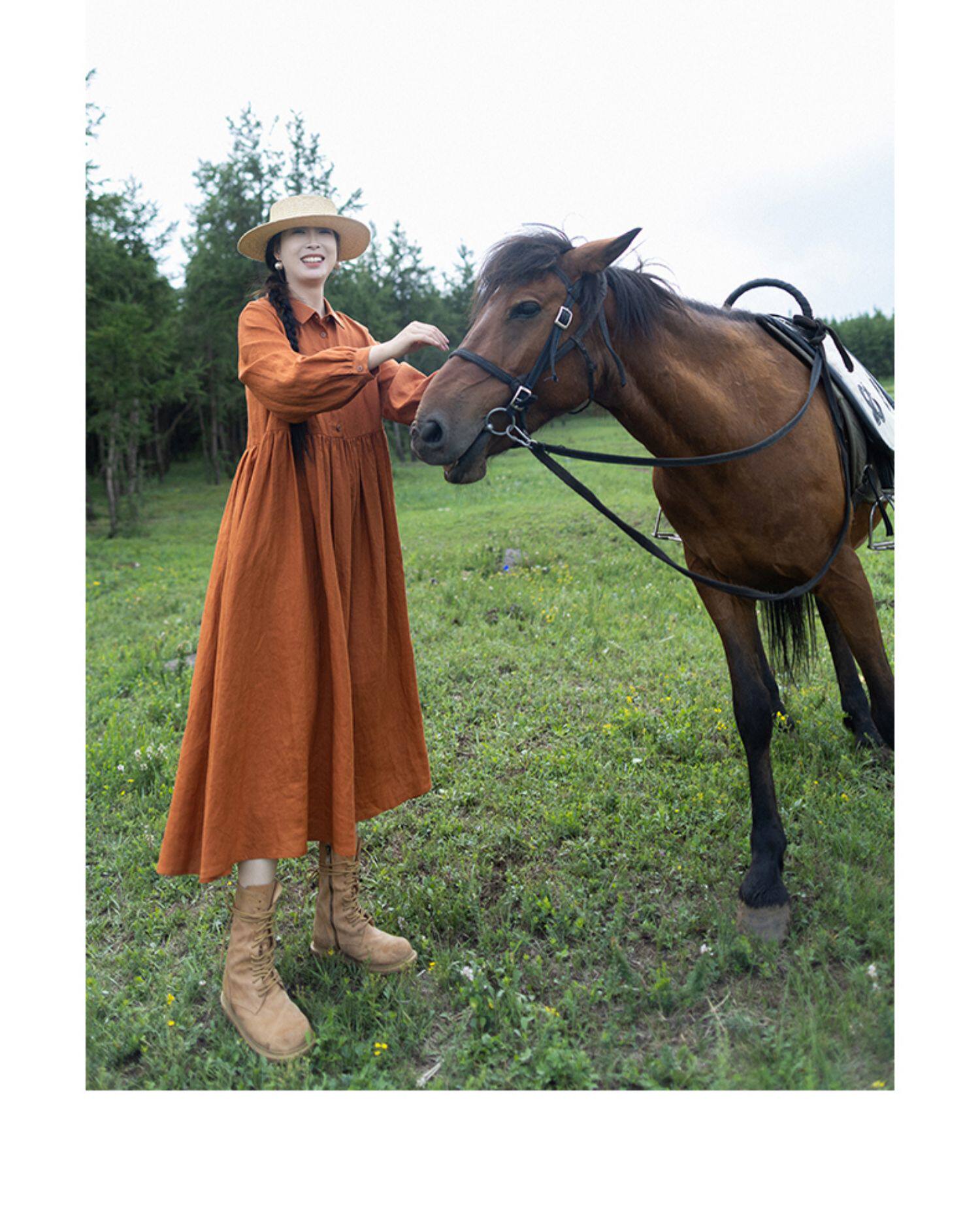 Vestido largo de lino color na - Casual Loose Linen Shirt Dress reseña y precio